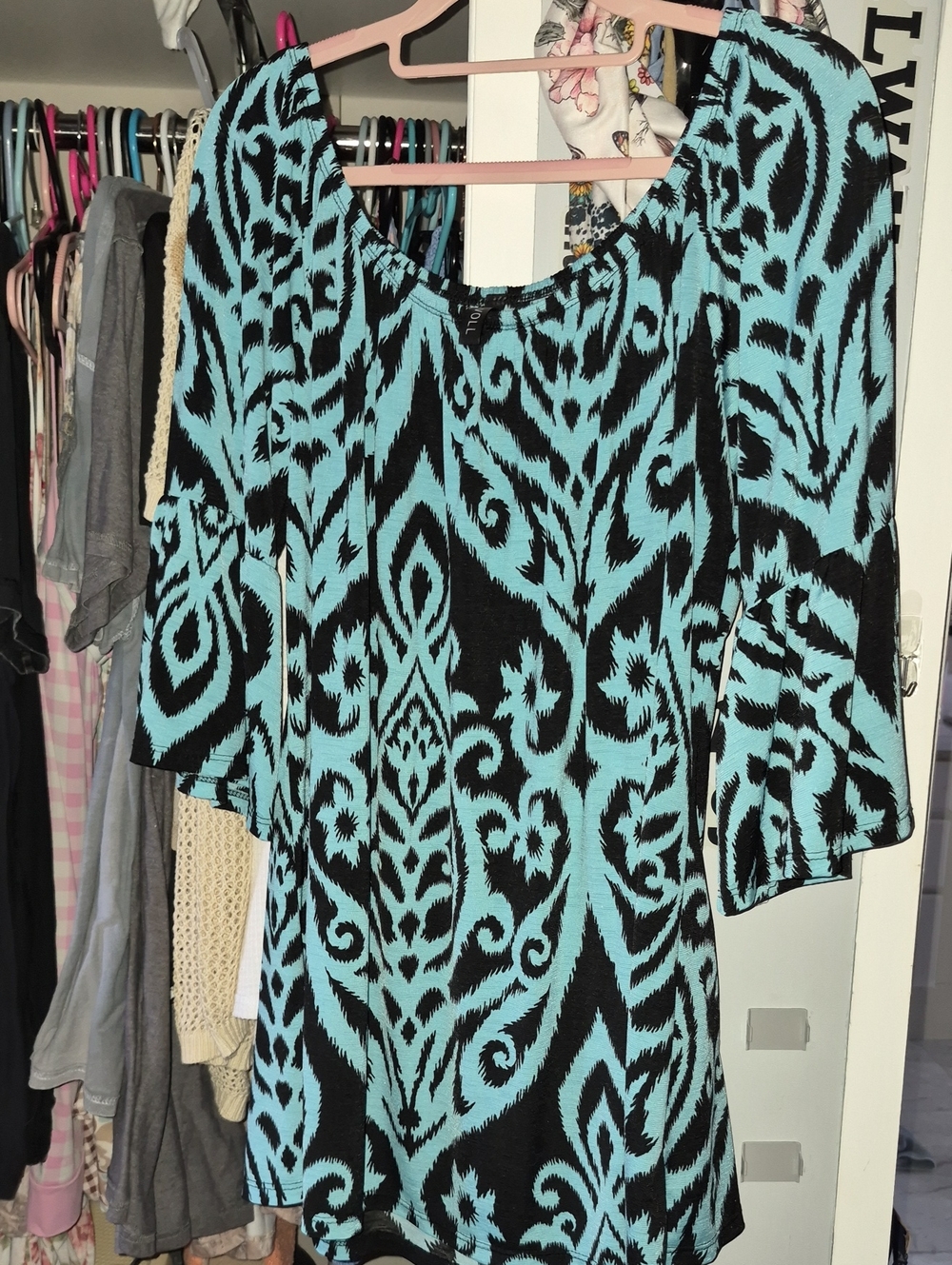 Voll Black & Aqua Patterned Women’s Dress - Elegant Scoop Neck Like New Large